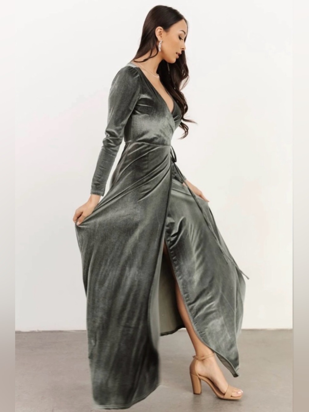 Baltic Born Esmeralda Velvet Wrap Long Sleeve Maxi Dress in Eucalyptus Green S